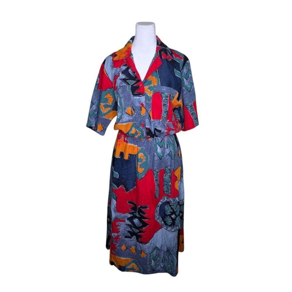 Vintage 80s Short Sleeve Midi Shirt Dress Womens Size S Multi Blue Southwestern